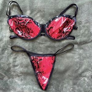 red and black vinyl python snake print 2 piece lingerie set